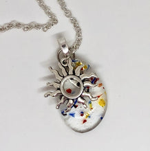Load image into Gallery viewer, Red, Yellow, Blue Confetti Fused Glass Necklace with Sun Charm
