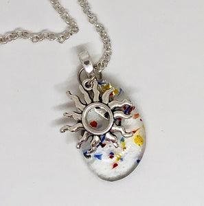 Red, Yellow, Blue Confetti Fused Glass Necklace with Sun Charm