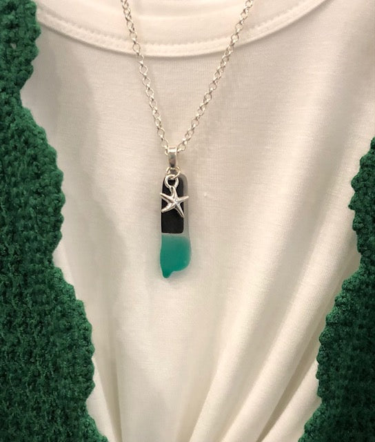 Green and Black Tumbled Beach Glass Necklace with Starfish Charm