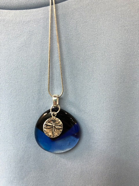 Various Blues Round Glass Pendant Necklace with Dragonfly Charm