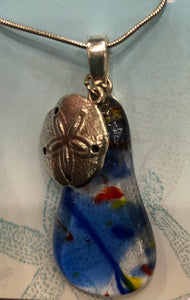Red, Yellow, Blue Confetti Fused Glass Necklace with Sand Dollar Charm