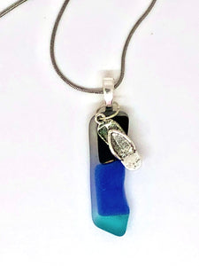 Mixed Blues Tumbled Beach Glass Necklace with Flip Flop Charm