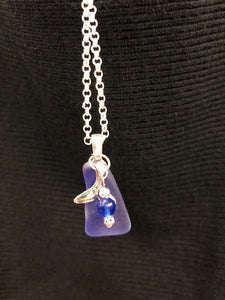 Blue Tumbled Beach Glass Necklace with Whale charm and beads