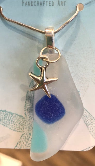Mixed Blues Tumbled Beach Glass Necklace with Starfish Charm
