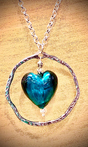 Teal Heart in Circle Necklace